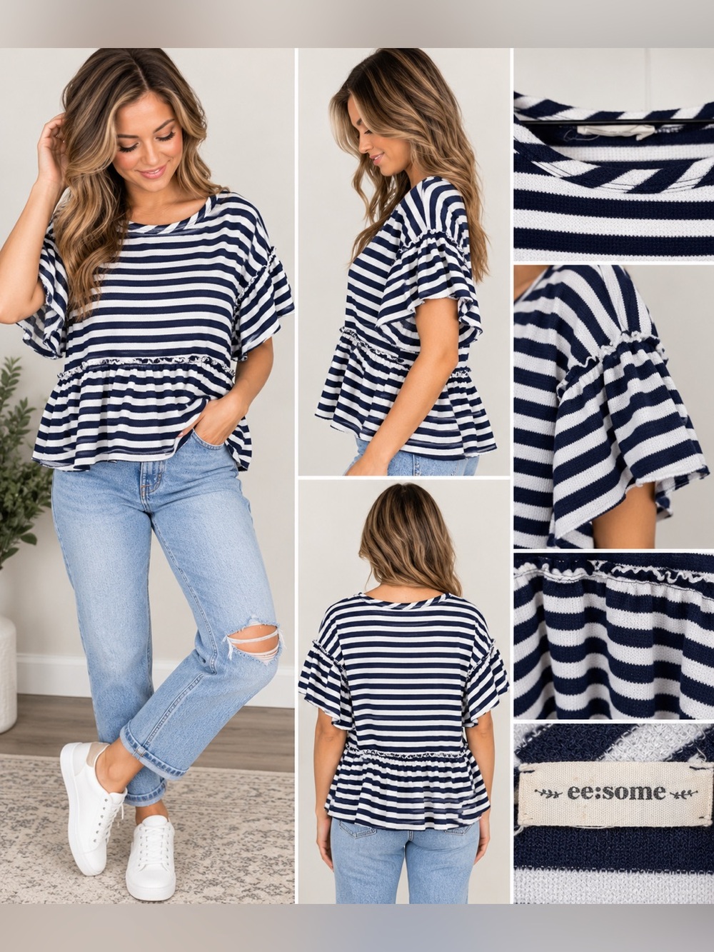 ee:some Navy White Striped Ruffle Peplum Top Women’s Small